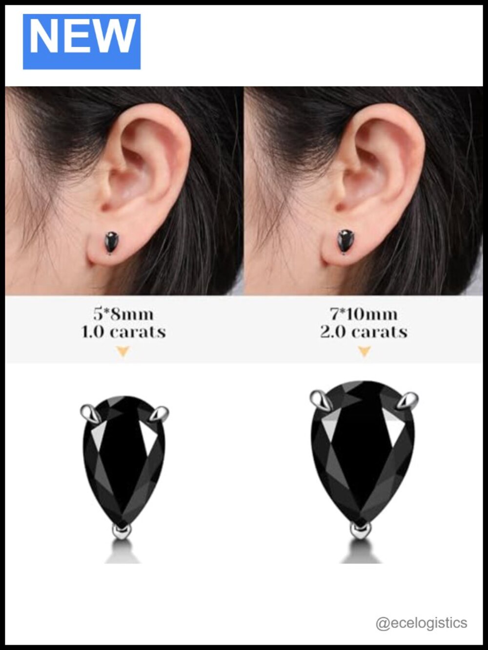 Moissanite Sterling Silver Black Stud Earrings - Picture 2 of 6